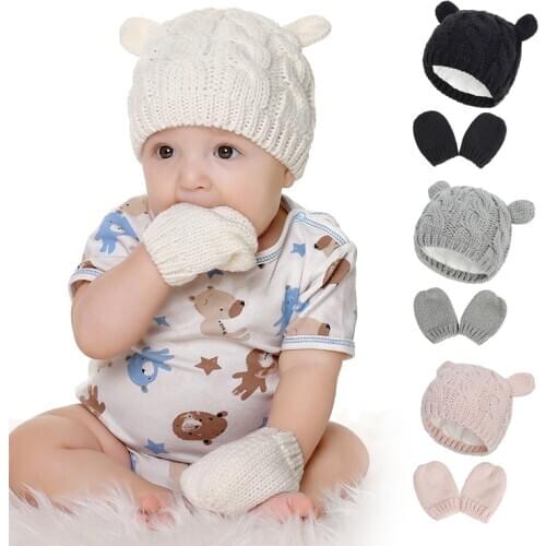 Baby Knitted Hats Cap Gloves Set Solid Color Cotton Cute Warm Boys Girls Baby Hats Newborn Photography Props Autumn Winter
