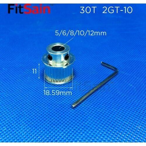 FitSain-2GT 30T Width 10mm Synchronous Wheel 30T Tooth GT2 Pulley Aluminum Alloy Timing Belt Middle Hole 5/6/8/10mm