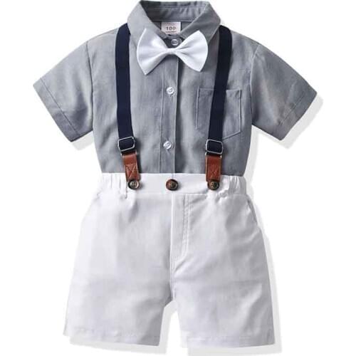 Summer Kids Boy Formal Clothes Set Cotton Short Sleeve Bow Tie Tops+ Suspender Shorts Children Gentleman Suit