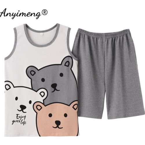 Summer New Mens Fashion Plus Size Pyjamas Set Cotton Sleeveless Short Pant Homesuit Mens Casual Pajamas Cartoon Print Sleepwear