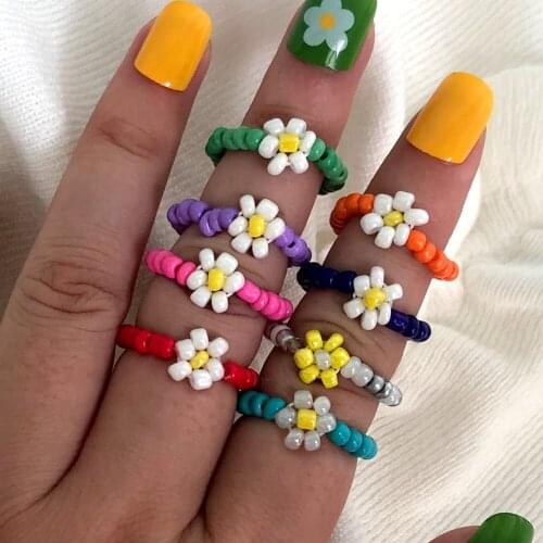 Korean New Cute Multicolor Resin Seed Beads Rings Handmade Beaded Geometric Stacked Ring Wholesale Jewelry for Women Girls Gifts