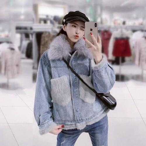 Fox Big Fur Collar Plus Velvet Denim Jacket Womens Short Korean Version Of Loose Thick Padded Coat 2021 Autumn And Winter New