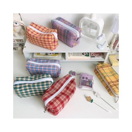 Sweet Lovely Plaid Pattern Pencil Case Kawaii Bag Funny Pencilcase Cartoon Students School Supplies Cute Stationery