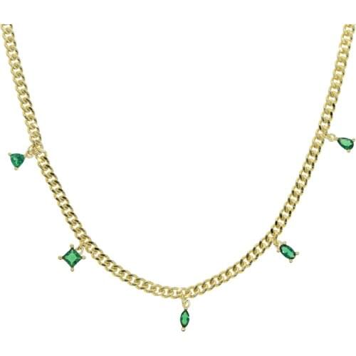 Gold Color Fashion Choker Geometric Prong Set Single CZ Drop 3mm Cuban Link Chain White Green CZ Charm Necklace