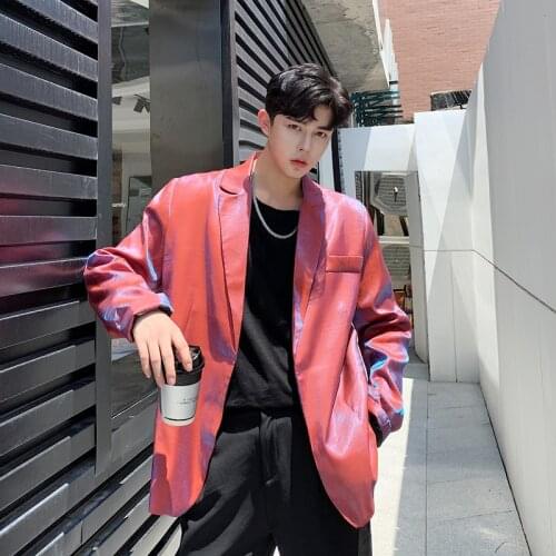 Mens Chic Lapel Collar Fashion Retro Korean Style Blazer Nightclub Jackets Coats Red Black