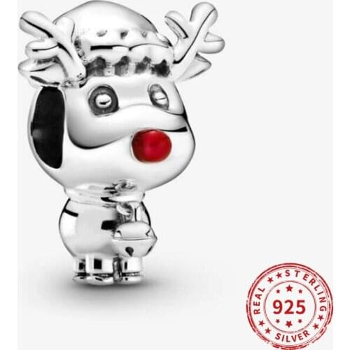 Real 925 Sterling Silver Charms Bead Rudolph Red Nose Reindeer Beads Fit Original Pandora Beads Bracelets Diy jewelry