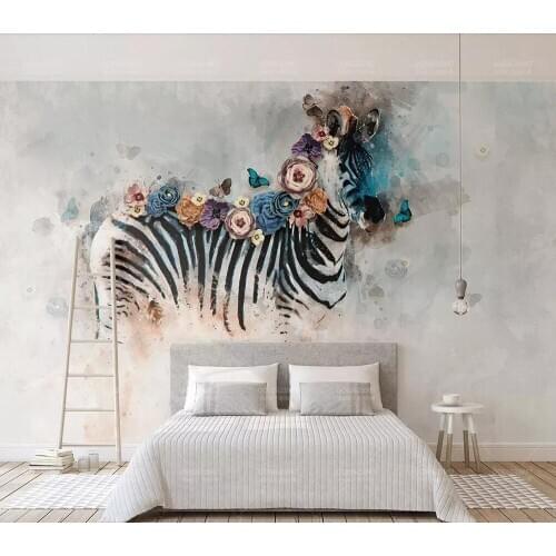 Bacal Custom New vintage hand painted oil painting animal watercolor zebra flower animal background wall papers huda