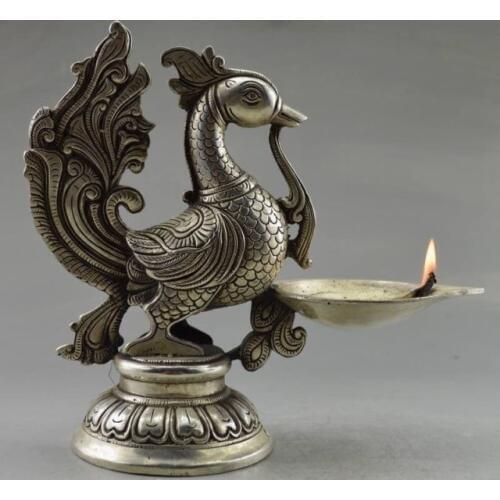 Elaborate Chinese Collectible Decorated Old Handwork Tibetan Silver Phoenix Candlestick