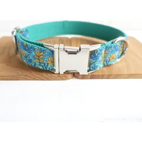 Adjustable Green Leaf Dog Collar Metal Id Engrave Buckle Necklace Pet Neck Band Strap Leash