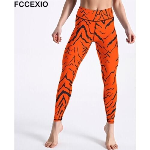 FCCEXIO Fitness Sportswear High Waist Workout Women Fashion Leggings Tiger Stripes Printed Push Up Women Elastic Force Legging