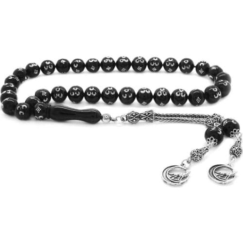 Tesbihane 925 Sterling Silver Gray Wolf Tassels Silver 3 Crescent Embroidered Erzurum Oltu stone Rosary