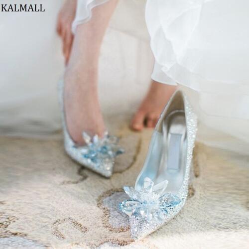 KALMALL Bling Studded Crystal High Heels Shoes Silver Glass Women Wedding Shoes Pointed Toe Stiletto Women Pumps Zapatos Mujer