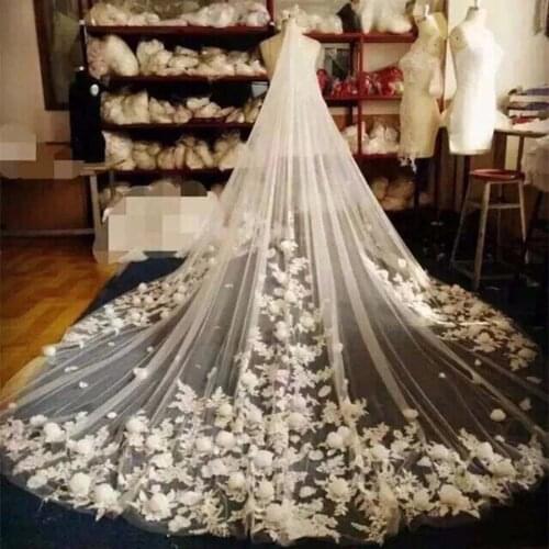 Lace Edge 3D Flower Tulle Cathedral Wedding Veil Long Veu de Noiva 1M 3M 5M In Stock