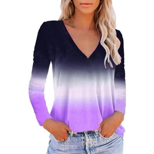 Pullover Women Blouse Loose V Neck Gradient Print Long Sleeve T-Shirt for Daily Wear