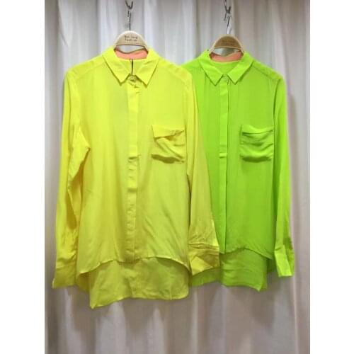 Special Sale Free Shipping Ladies Shirt Summer 100% Silk Long Sleeve Solid Color Shirt Fluorescent Green