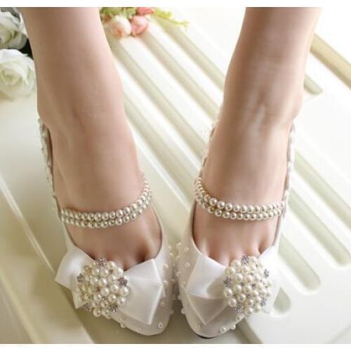 Med heel white satin bowtie wedding shoes woman handmade plus size low high heels big crystal rhinestones bridal shoes in stock