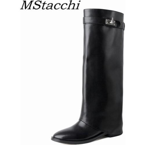 MStacchi 2021 Womens pants boots Square Toe black Strap buckle Turned-over Edge Low Heel shoes Elegant Square heel knee boots