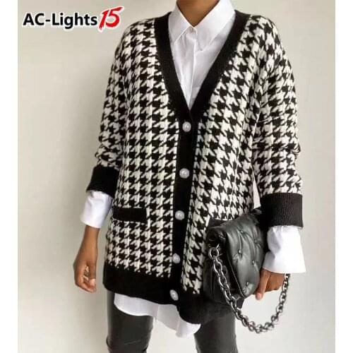Winter Cardigans for Women Autumn Print Loose Plaid Black Long Oversize Cardigan 2021 Knitted Warm Vintage V-neck Sweater AC