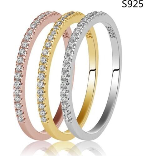 1pc 100% Real. Solid 925 Sterling Silver Half CZ Covered Eternity Love Ring for Women 1.5MM Gold Tone, White Tone Engagement