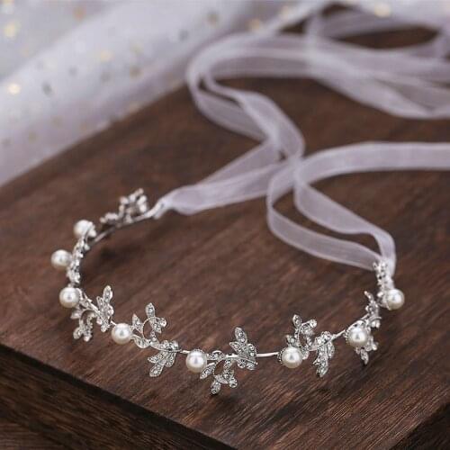 1Pc Silver Crystal Wedding Tiara Headband Beaded Flower Prom Bridal Hair Band Leaf Pearl Bride Headpiece For Women Hair Jewelry