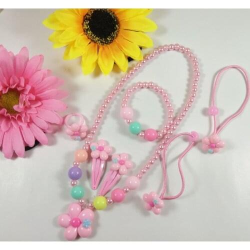 5pcs/set Cute Kids Pearl Necklace Bracelet Earrings Elastic Hair Rope Hairpins Girls Fashion Princess Kawaii Children Jewelry