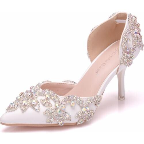 8 cm rhinestone wedding shoes pointed sandals hollow two-piece sandals foreign trade plus size Crystal wedding shoes women