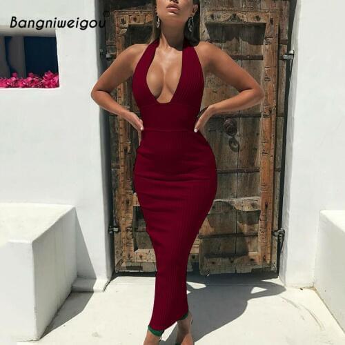 Bangniweigou Rib Cotton Bandage Dress Burgundy Women Backless Sexy Halter Strapless Dress Solid Elegant Party Long Robe Vestidos