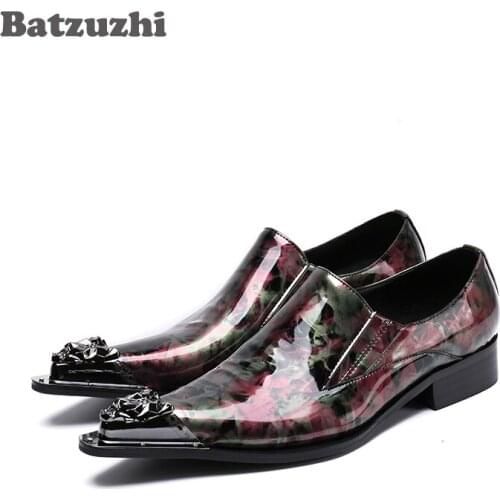 Batzuzhi New Arrival Men Shoes Pointed Iron Toe Genuine Leather Men Shoes Print Leather Business Dress Shoes Party and Wedding