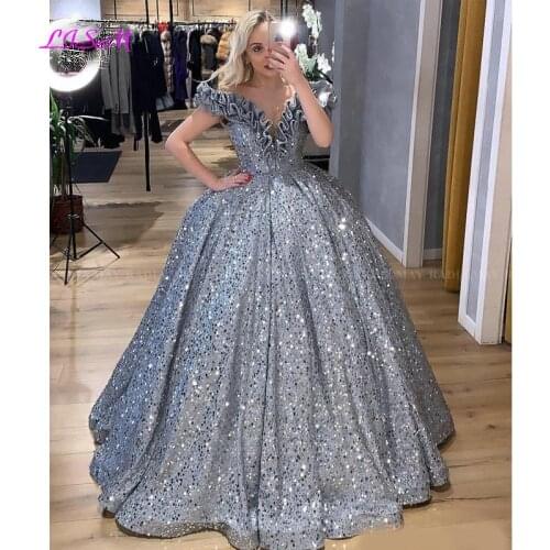 Glitter Silver Sequin Arabic Ball Gown Quinceanera Dress Off the Shoulder Ruffles Masquerade Plus Size Prom Gown Sweet 16 Dress
