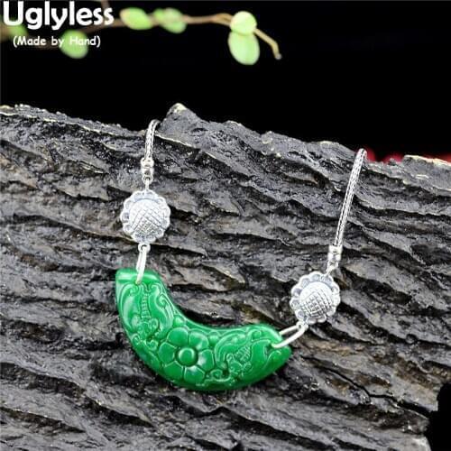 Uglyless Carved Flowers Emerald Chokers Necklaces for Women 925 Silver Sunflowers Pendants + Chain Curved Gemstones Exotic Jewel
