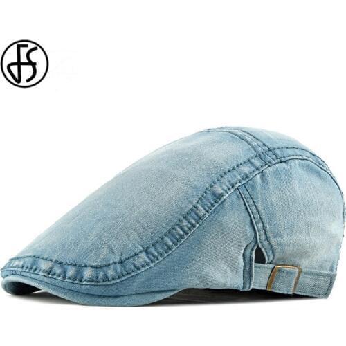 FS 2020 Spring Summer Solid Color Berets Newsboy Caps Men Washed Denim Cotton Flat Peaked Cap Women Painter Beret Hats
