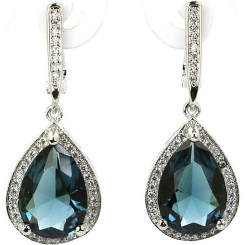 34x14mm Jewelry Set Water Drop Created London Blue Topaz Blood Ruby Tanzanite CZ For Women Daily Wear Silver Pendant Earrings