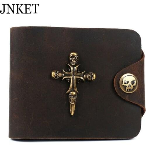 JNKET Punk Crucifix Skull Wallet Retro Cow Leather Wallet Mens Short Wallet Billfold Credit Card Wallet Folding Clutch Wallet