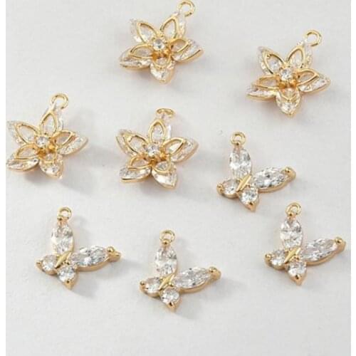 Real Gold Plated Copper Zircon Butterfly Flower Earrings Charms Necklace Pendants DIY Findings Jewelry Making Accessories