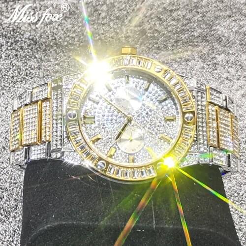 MISSFOX Mens Fashion Watches Men Square Diamond Stainless Steel Bling Diver AAA Quartz Watch Men Relogio Masculino Dropshipping