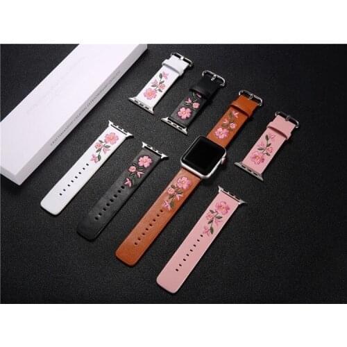Soft Leather Watchband Flower Embroid Strap Ремешок Для Часов Apple Watch Series 5 4 3 2 38mm 40mm 42mm 44mm Accessories