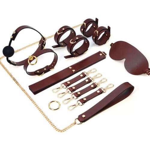 Genuine Leather BDSM Sex Toys Kits Slave Sex Games Set Tools For Couples Role Play Erotic Cosplay Handcuffs Collar Eyepatch Whip