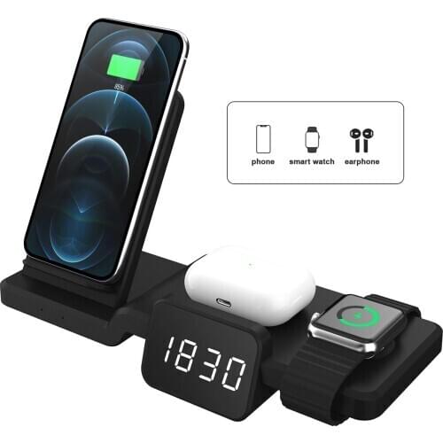 Newst Qi Wireless Charger Stand Charging Dock Station 3 in 1 with Clock for Iphone 12 XS X for Apple Watch 6 Airpods Pro USB
