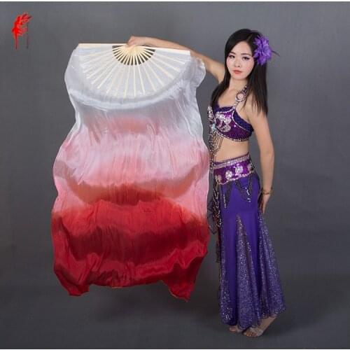 Wholesale dyed 100% pure natural silk fan veils for belly dance 180cm long silk fan for dancer performance veil fan A pair