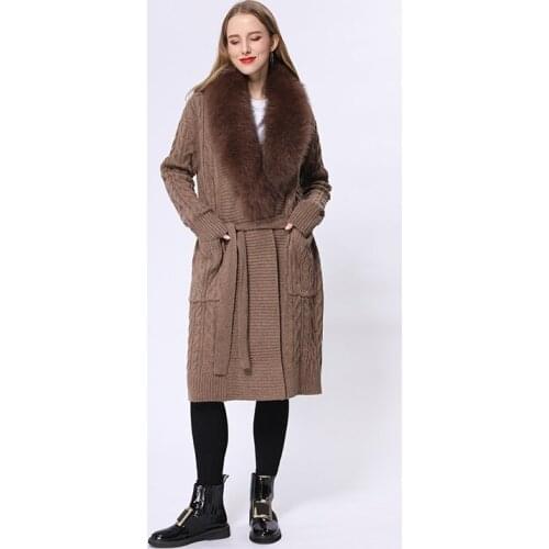 Fall Winter Women Long Style Fashion Casual Belted Wool Knitted Sweater Cardigan With Real Fox Fur Collar MJF-S-02