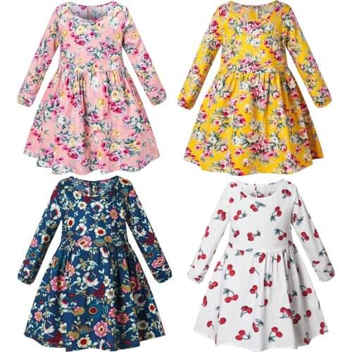 2-7 Years Girl Dress For Long Sleeve Spring Summer Daily Kids Clothes Children Cute Casual Flower Printed O-Neck Princess Dress