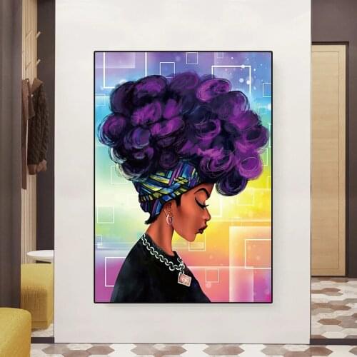 Watercolored Poster Indian Girl With Purple Curly Hair Canvas Painting Oil Paintings HD Print Large Size Decorative Wall Picture