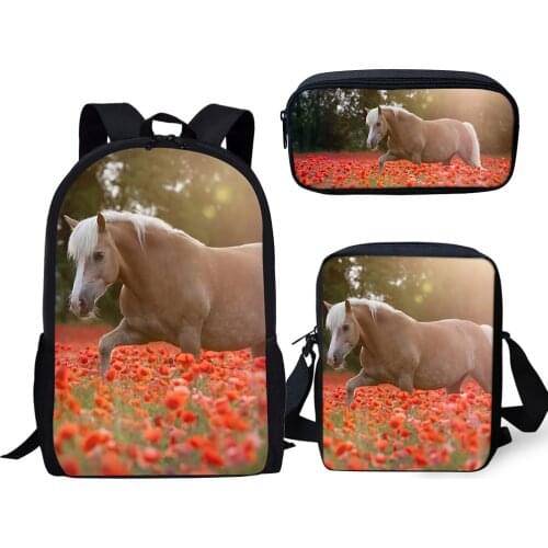 HaoYun Fashion Childrens 3PCs Backpack Set Flower Horse Prints Pattern Kids School Book Bags Set Backpack/Flaps Bag/Pen Bags