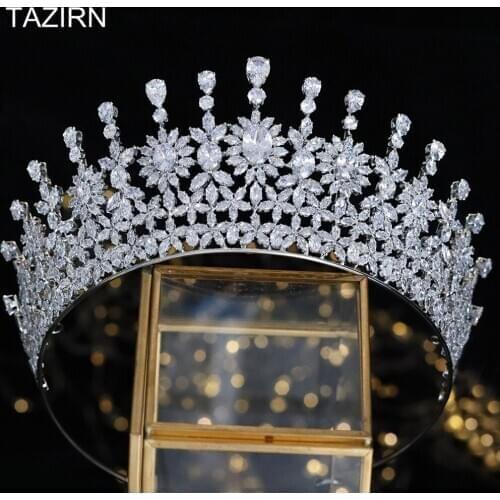 White Full Cubic Zirconia Sweet 16 Princess Wedding Bridal Tiaras and Crowns Zircon Pageant Hair Jewelry Headpieces for Women