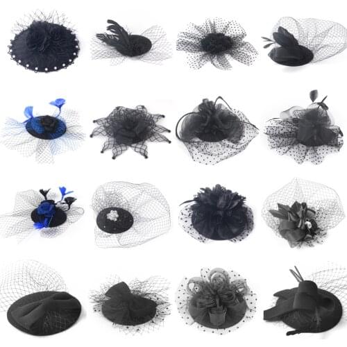 16design Women Black Hair Clip Flower Feather Bow Lace Pillbox Hat Fascinator Burlesque Accessory