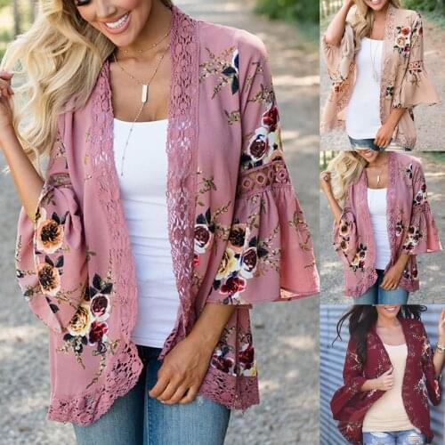 New Women Bohemian Hollow Lace Floral Open Cape Casual Coat Loose Blouse Cardigan Mid-Length Chiffon Jacket Camisas De Mujer