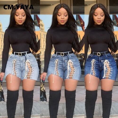 CM.YAYA Plus Size S-3XL Women Lace Up Shorts Jeans Hollow Out Casual Zipper Fly Jeans Street Night Club Denim Shorts Skinny