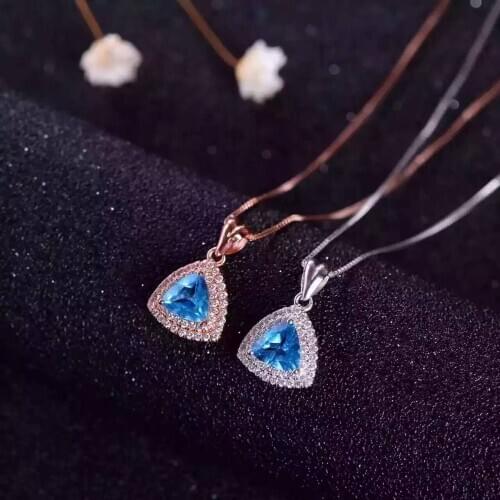 Natural blue topaz pendant S925 silver Natural gemstone Pendant Necklace trendy Elegant simple triangle women party jewelry