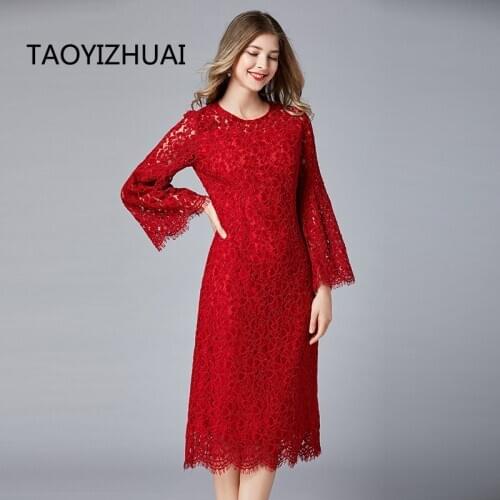 TAOYIZHUAI casual style plus size lace women dress o neck flare sleeve knee length party fashion loose female vestidos