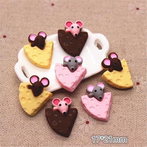 10pcs 17*21mm Cute Resin Mouse Eating Cheese Simulation Miniature Food Art Flat back Cabochon DIY Jewelry/Craft Decoration